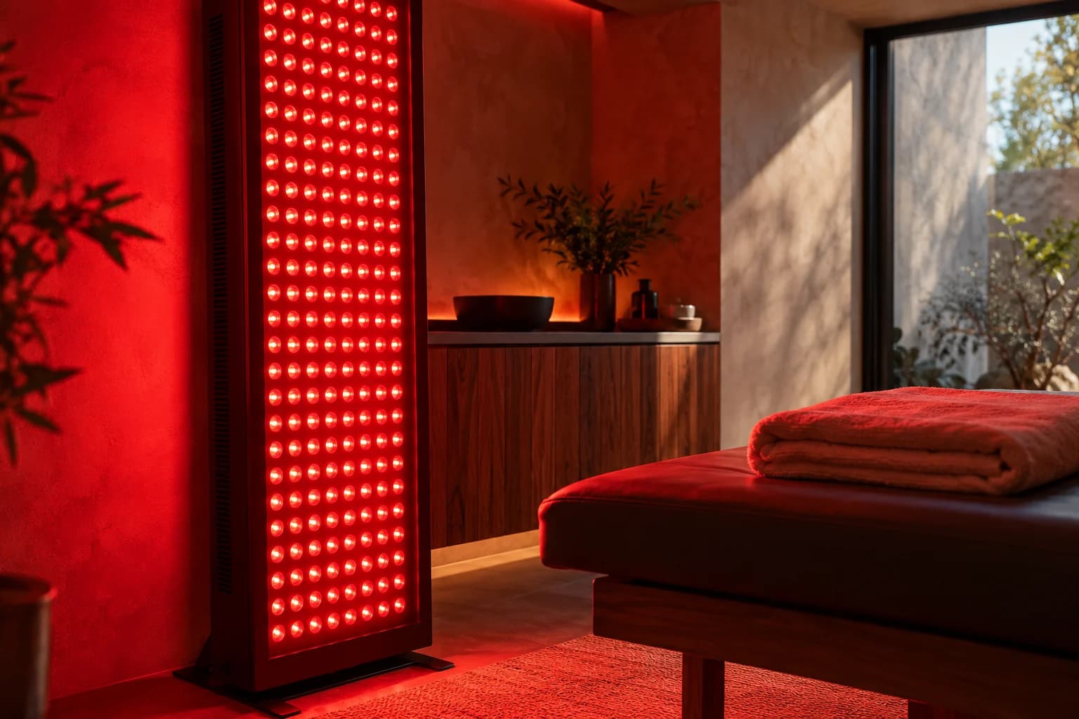 Conceptual red illumination in a wellness treatment room